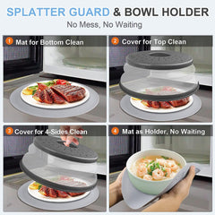 Pack 2,  Microwave Food Cover with Mat 10 Inch, Cover for Splatter Guard, Collapsible Lid for Plate, Mat as Bowl Holder, Multi-Use Silicone Mat & Kitchen Colander Gadget for Meal Prep