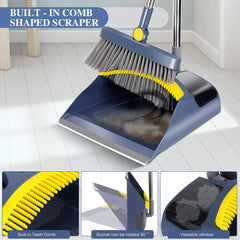 Broom and Dustpan Set with Long Handle, 180° Rotating Broom and Large Capacity Dustpan Combo, Upright Stand Dustpan and Broom for Home Kitchen Office Lobby