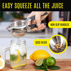 Stainless Steel Lemon Squeezer Press - No Seeds, Pro-Grade, Effortlessly Get Every Drop - Manual Non-Slip Grip Design - Lemon Lime Squeezer, Orange, and Citrus Fruit Hand Held Lemon Juicer Squeezer