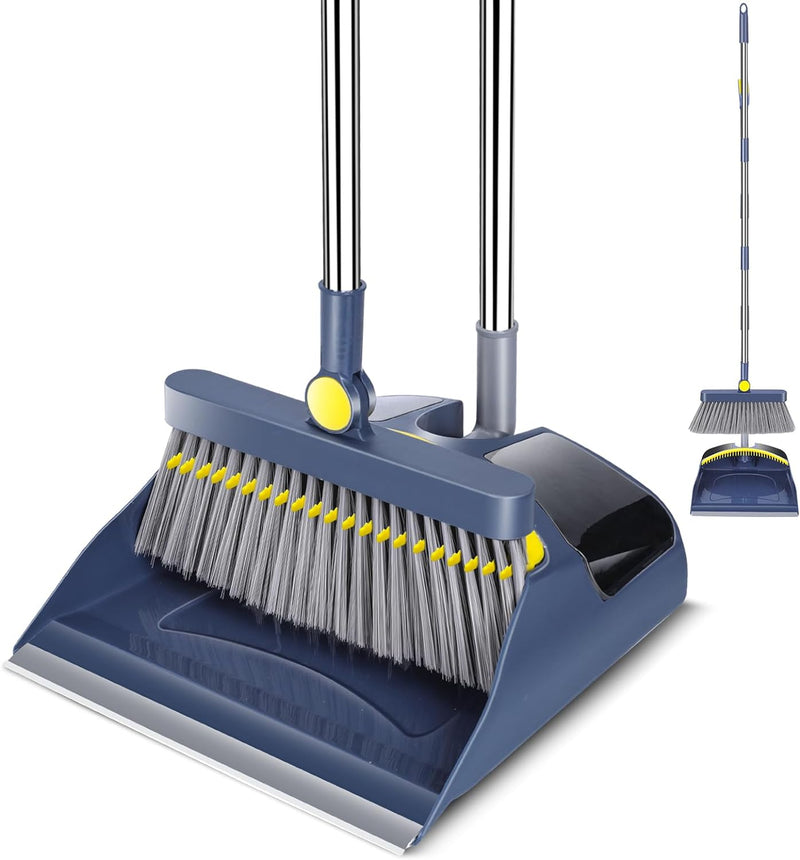 Broom and Dustpan Set with Long Handle, 180° Rotating Broom and Large Capacity Dustpan Combo, Upright Stand Dustpan and Broom for Home Kitchen Office Lobby