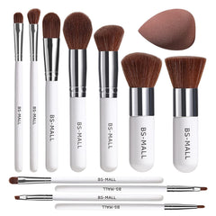 Makeup Brush Set 11Pcs Bamboo Synthetic Kabuki Brush Set Foundation Powder Blending Concealer Eye Shadows Blush Cosmetics Brushes with Organizer Bag & Makeup Sponge (White)