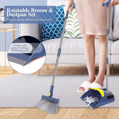 Broom and Dustpan Set with Long Handle, 180° Rotating Broom and Large Capacity Dustpan Combo, Upright Stand Dustpan and Broom for Home Kitchen Office Lobby