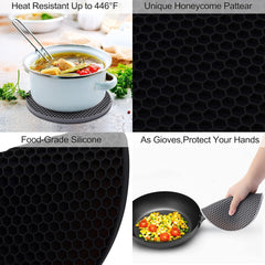 4 Pack Silicone Trivets for Hot Pots and Pans, Pot Holders Hot Pads, Non-Slip & Heat Resistant Silicone Mats for Kitchen Counter, Soft Durable Drying Mat, Jar Opener and Coasters (2 Black+2 Dark Grey)