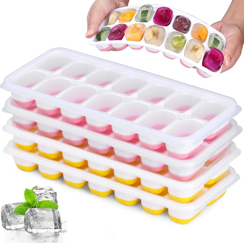 Silicone Ice Cube Tray, 4 Pack Easy-Release & Flexible 14-Ice Cube Trays with Spill-Resistant Removable Lid, Stackable Ice Trays with Covers for Freezer, Cocktail (2 Yellow + 2 Pink)