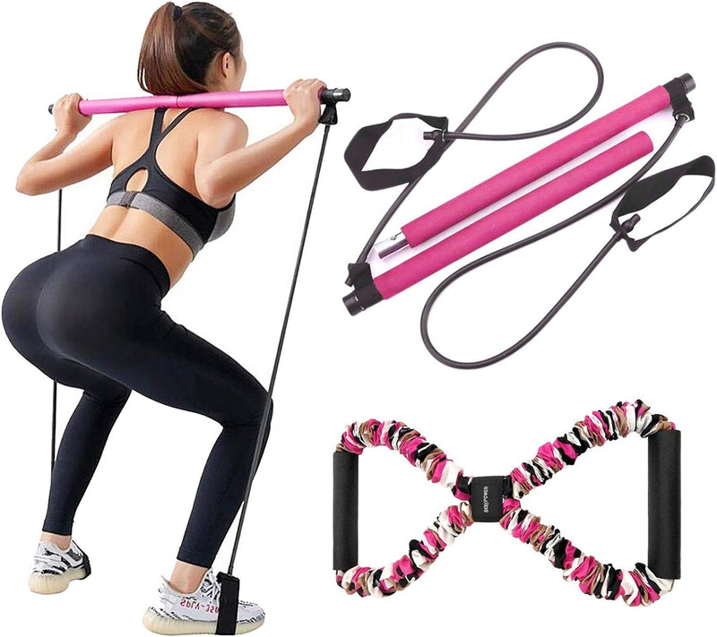 Pilates Bar Kit with Resistance Band, Portable Toning Bar Yoga Pilates Equipment Exercise Stick 8 Shape Body Shaping Resime Bar - 25 Pounds (Pink)