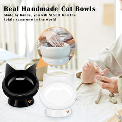 Cat Bowls for Indoor Cats, 2 Pack Ceramic Raised Slanted Cat Food Bowl Elevated Tilted Whisker Friendly, anti Vomiting Cat Feeding Bowl, Black White Pet Kitty Water Bowl,Ergonomic Cat Dishes Plate Set