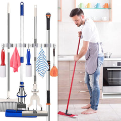 Broom Holder Wall Mount Garden Tool Organizer,Mop Hanger Wall Mounted Garage Storage, Utility Rack with 4 Racks and 5 Hooks - Metal Wall Holder for Broom, Kitchen,Laundry Rake,Mop Handles