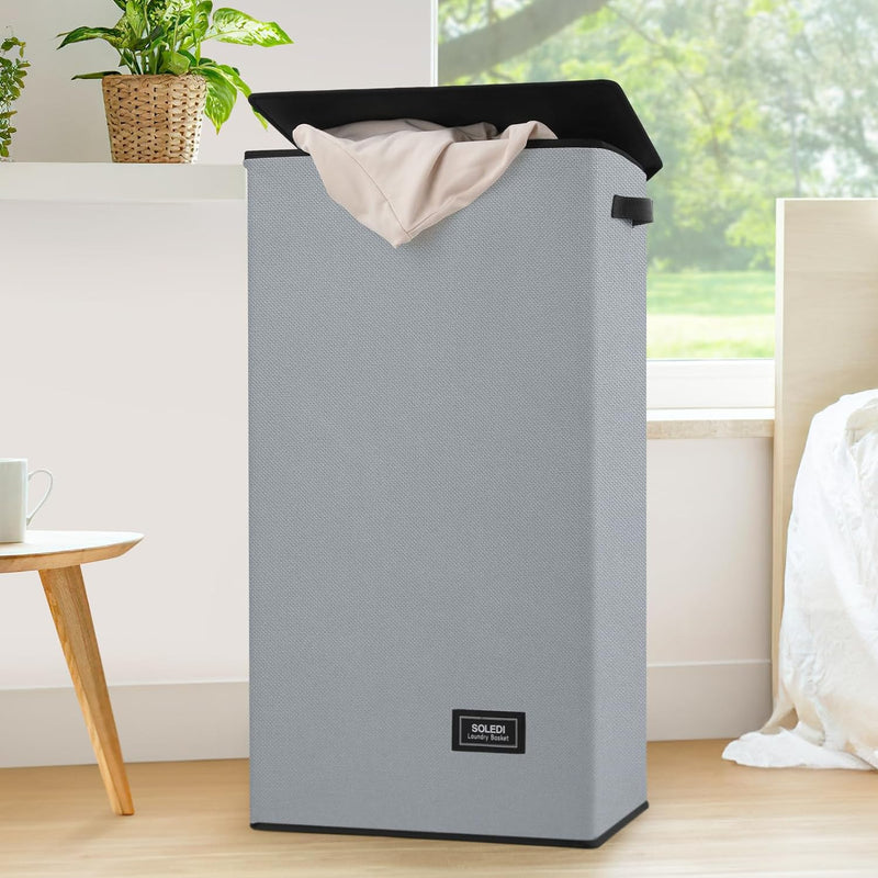 Laundry Hamper with Lid 100L (26.4 Gal) Large & Tall Collapsible Laundry Basket, Clothes Hamper with Bag Removable Easy to Carry, Dirty Hampers for Bedroom, Bathroom, Dorm, College, Blue Grey