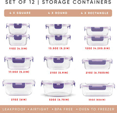 24Pc Borosilicate Glass Storage Containers with Lids. 12 Airtight, Freezer Safe Food Storage Containers, Pantry Kitchen Storage Containers, Glass Meal Prep Container for Lunch