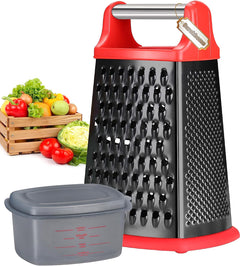 Box Grater with Container - 4 in 1 Stainless Steel Manual Kitchen Veggie Shredder Slicer Zester for Parmesan Cheese, Vegetable, Ginger, Coconut, Potato (Red and Black)