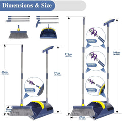 Broom and Dustpan Set with Long Handle, 180° Rotating Broom and Large Capacity Dustpan Combo, Upright Stand Dustpan and Broom for Home Kitchen Office Lobby